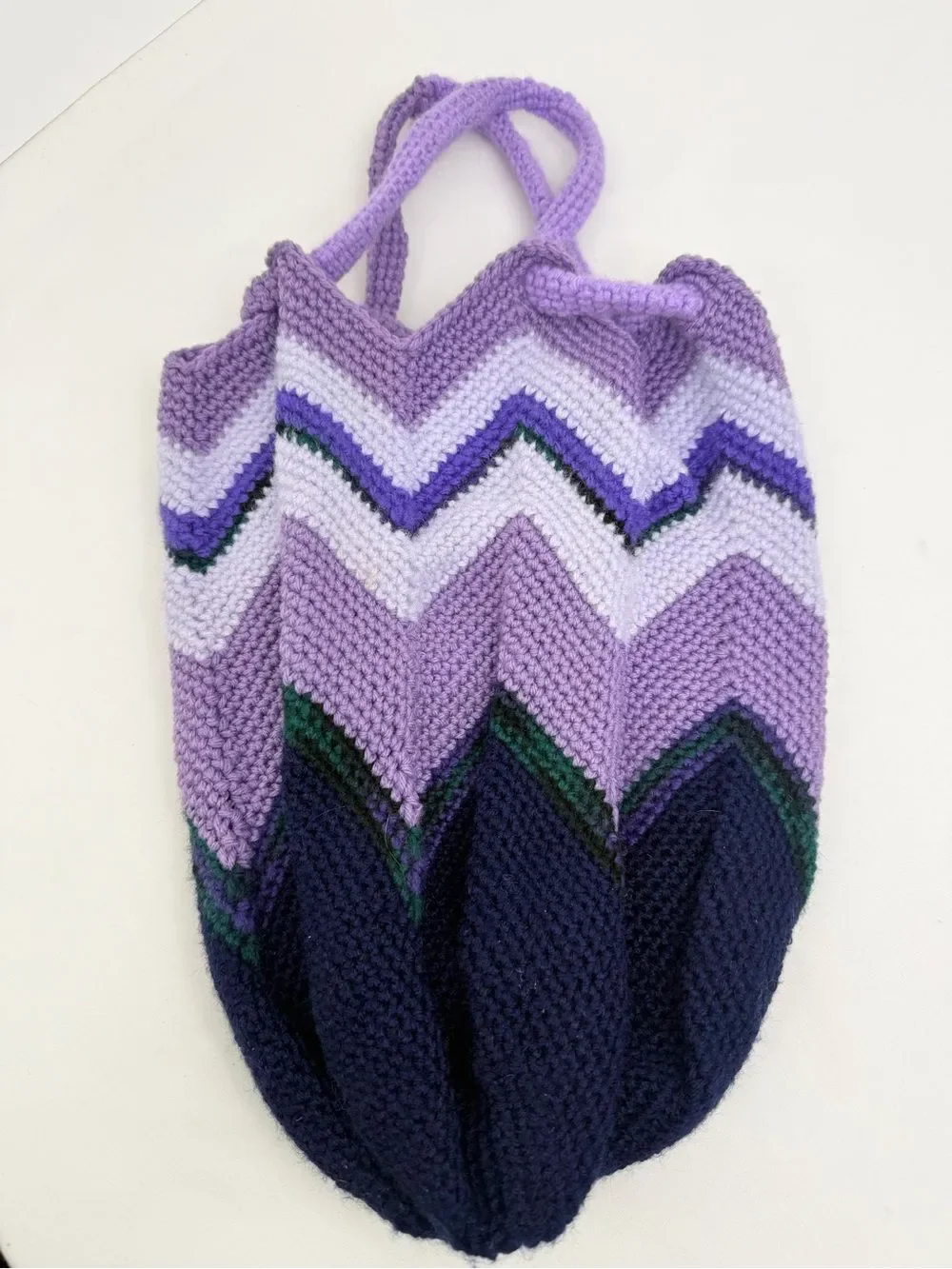 Hand Crafted Purple Striped Knit Tulip Shape Drawstring Strap Hobo Slouch Bag